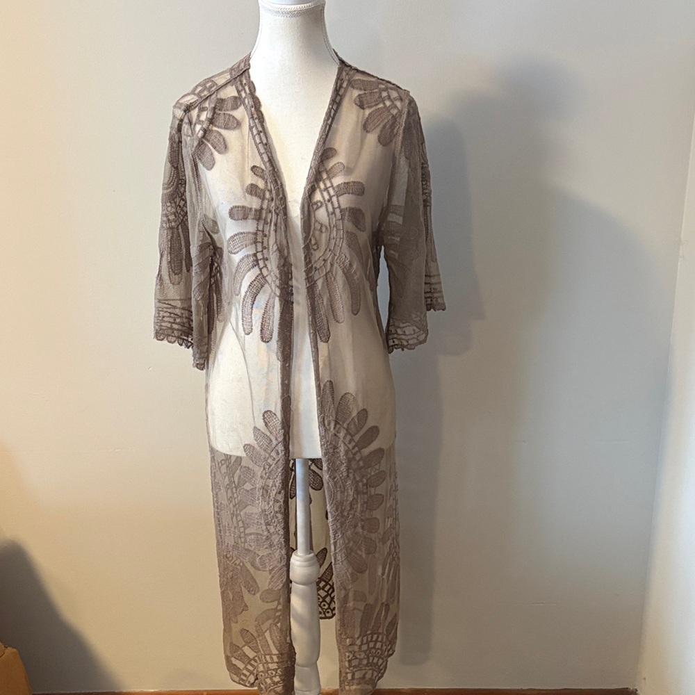 Rebellion Again Sheer Lace Kimono Open Front Cardigan Swimsuit Cover. Size M
